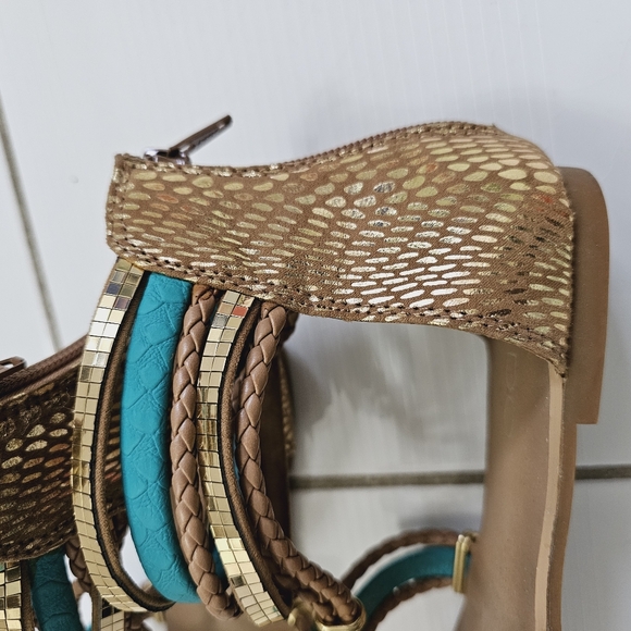 Aldo zipper sandalsWomen’s Brown and Turquoise Egyptian Roman Style Strappy Sand - Picture 7 of 8